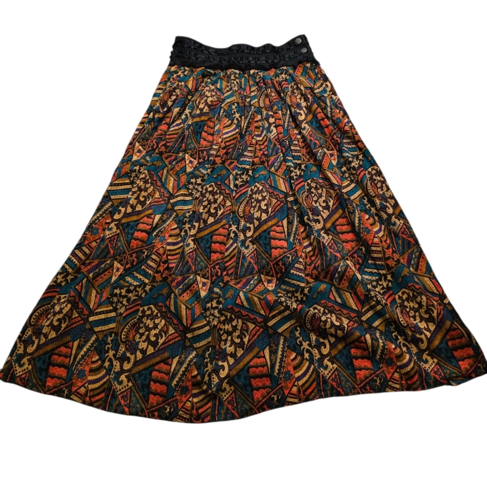 Vintage Bold Boho Print Midi Skirt Elastic Waist Zip & Hook & Eye Close Size S
